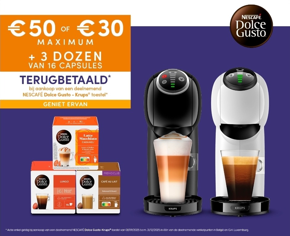 Cashback Nescafé Dolce Gusto toestel + 3 dozen capsules gratis