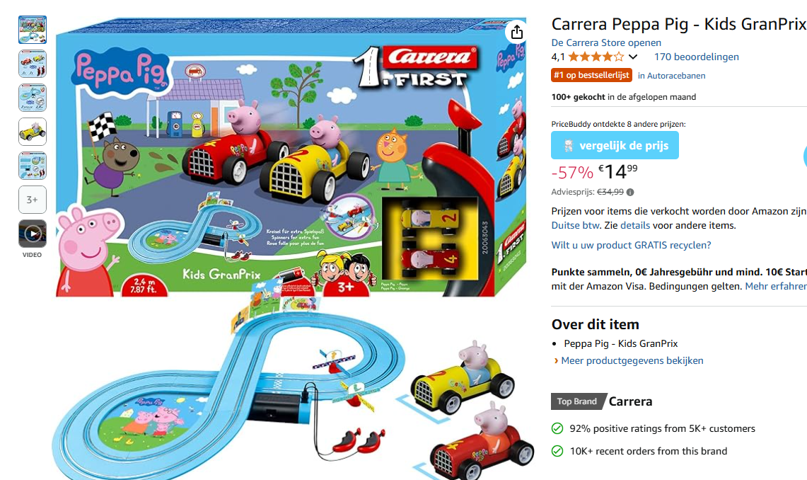Peppa Pig racebaan van het merk Carrera voor €14.99 op Amazon DE
