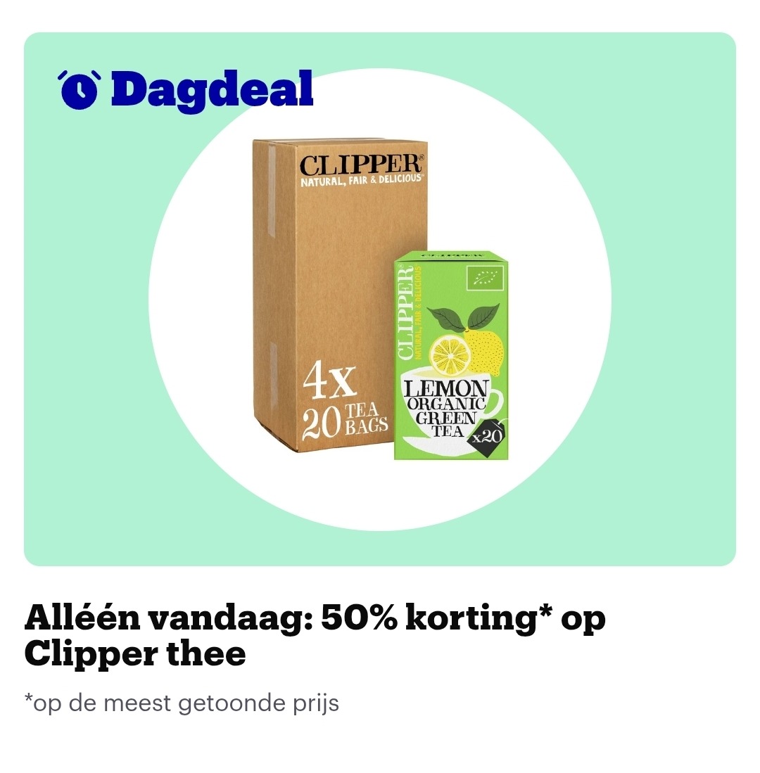 50% korting op Clipper thee bij bol.com