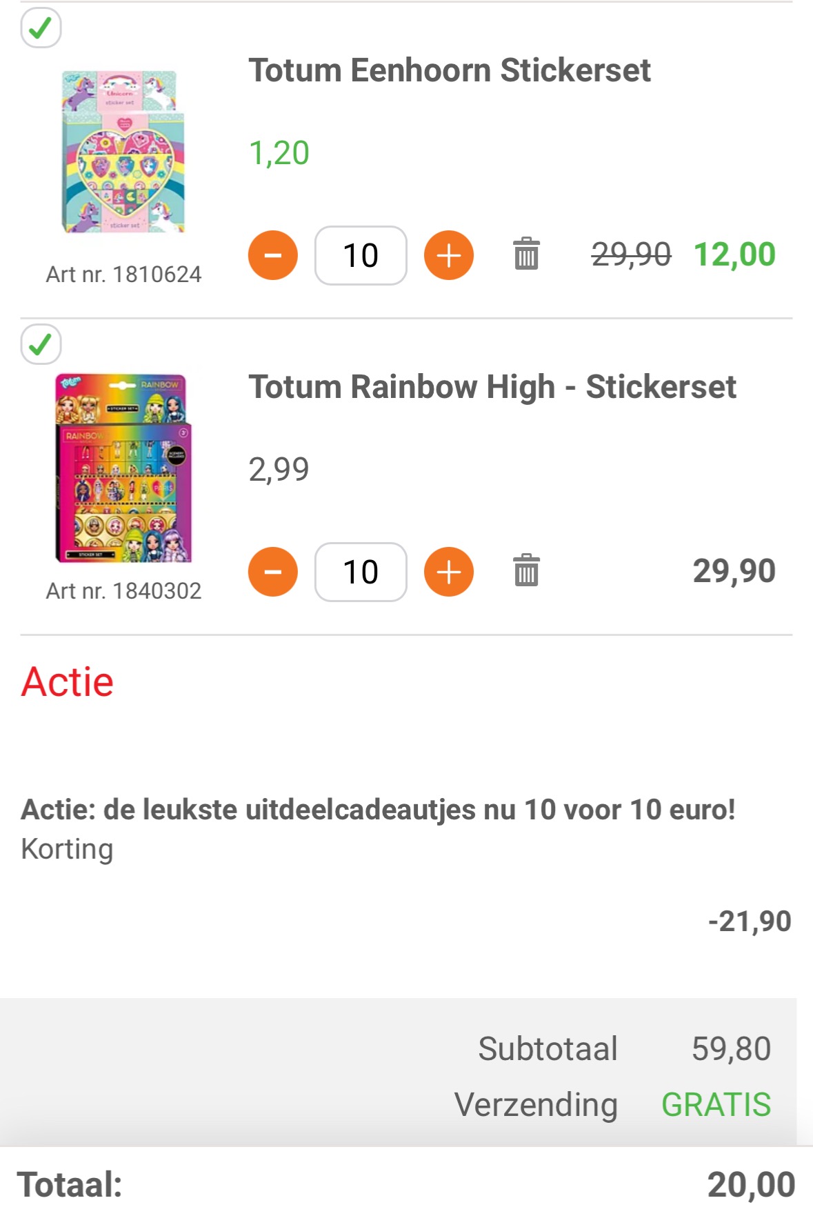 Uitdeelcadeautjes 10 voor €10