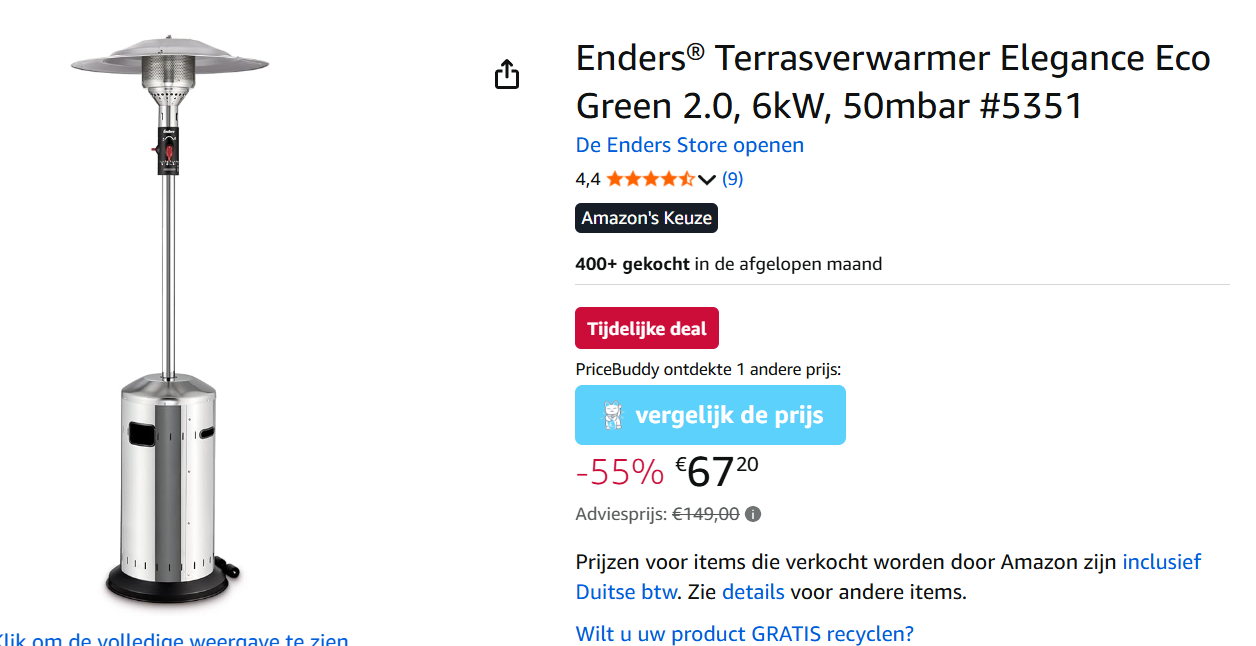 Terrasverwarmer voor €62,20 ipv €149 bij Amazon DE