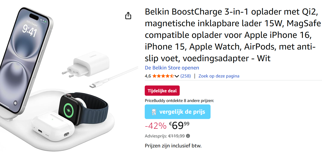 Belkin BoostCharge 3-in-1 oplader voor €59,99 ipv €119,99 op Amazon
