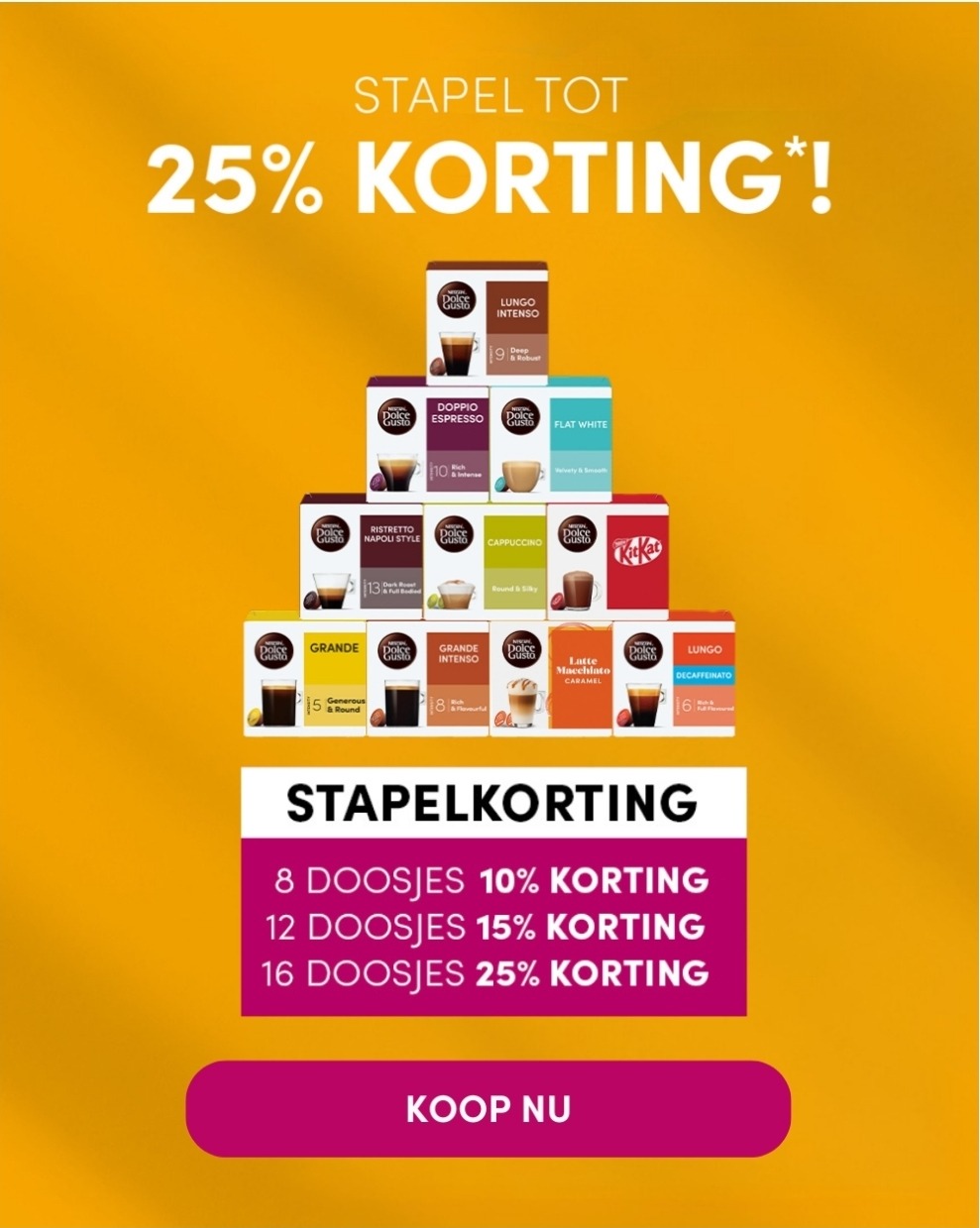 Tot 25% stapelkorting op Dolce Gusto capsules