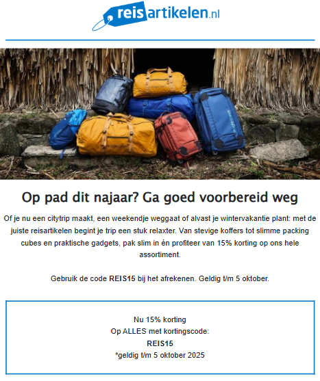 Reisartikelen.nl: 15% korting