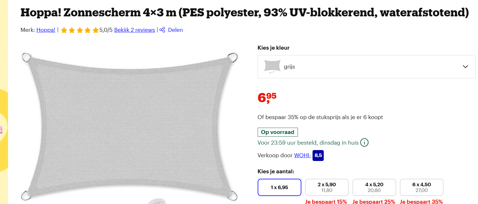 zonnescherm 3x4m bij bol aan 6,95