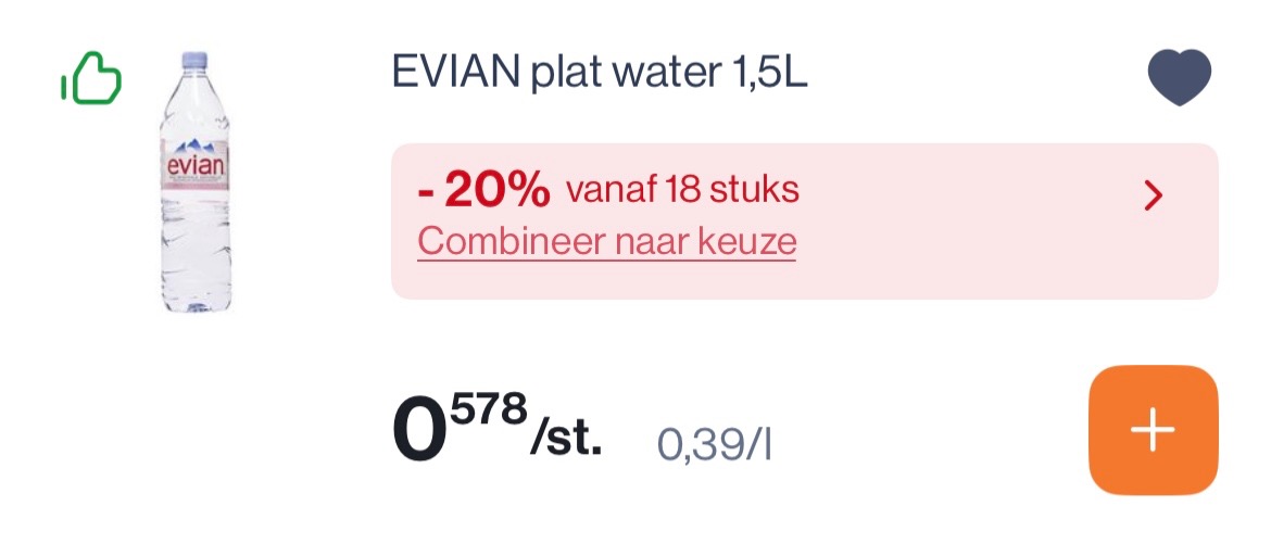 Evian plat water. 1,5L veel goedkoper