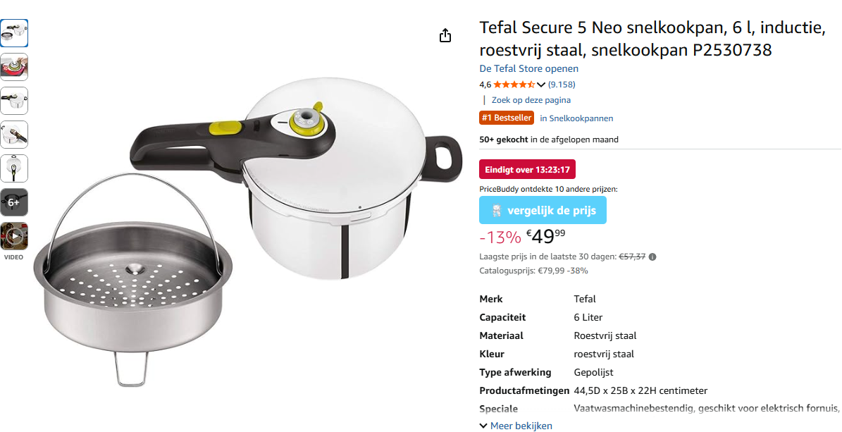 Tefal snelkookpan voor €49,99 ipv €142,99 op Amazon BE