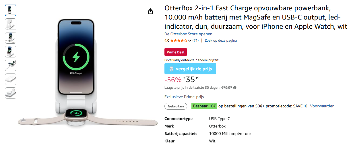 Prime Deal: OtterBox 2-in-1 Fast Charge opvouwbare powerbank voor €35,19 ipv €79,97