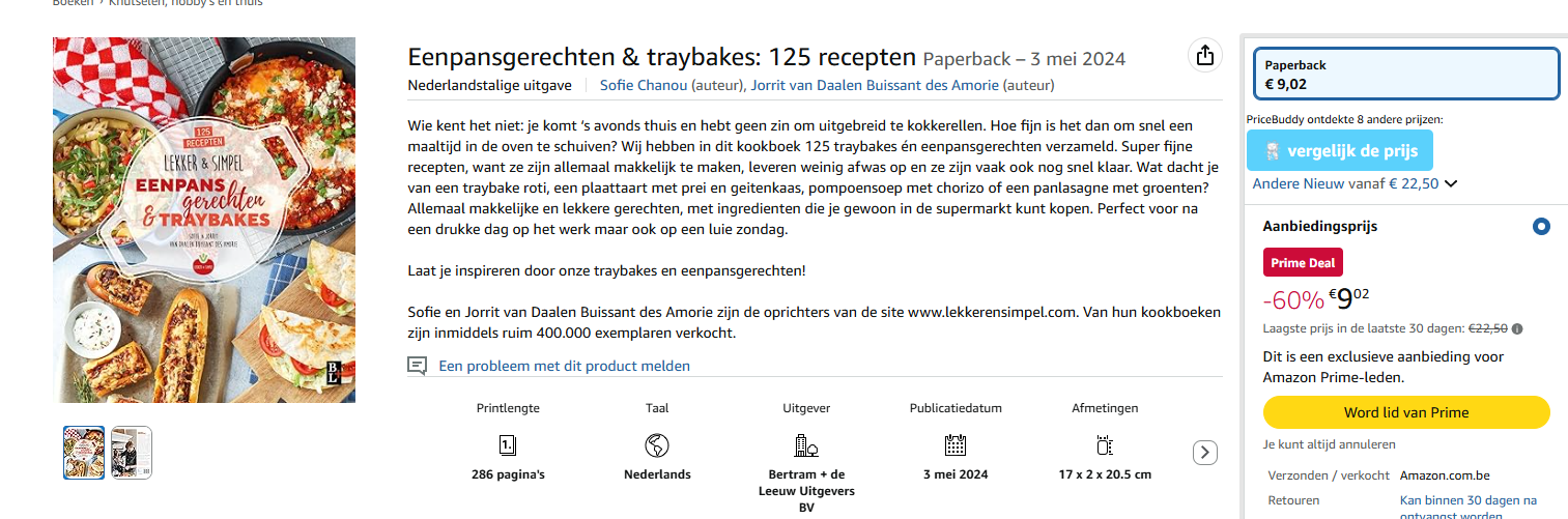 Prime Deal: Kookboek "Lekker & Simpel: Eenpansgerechten & traybakes" voor €9.02 ipv €22,50 op Amazon BE