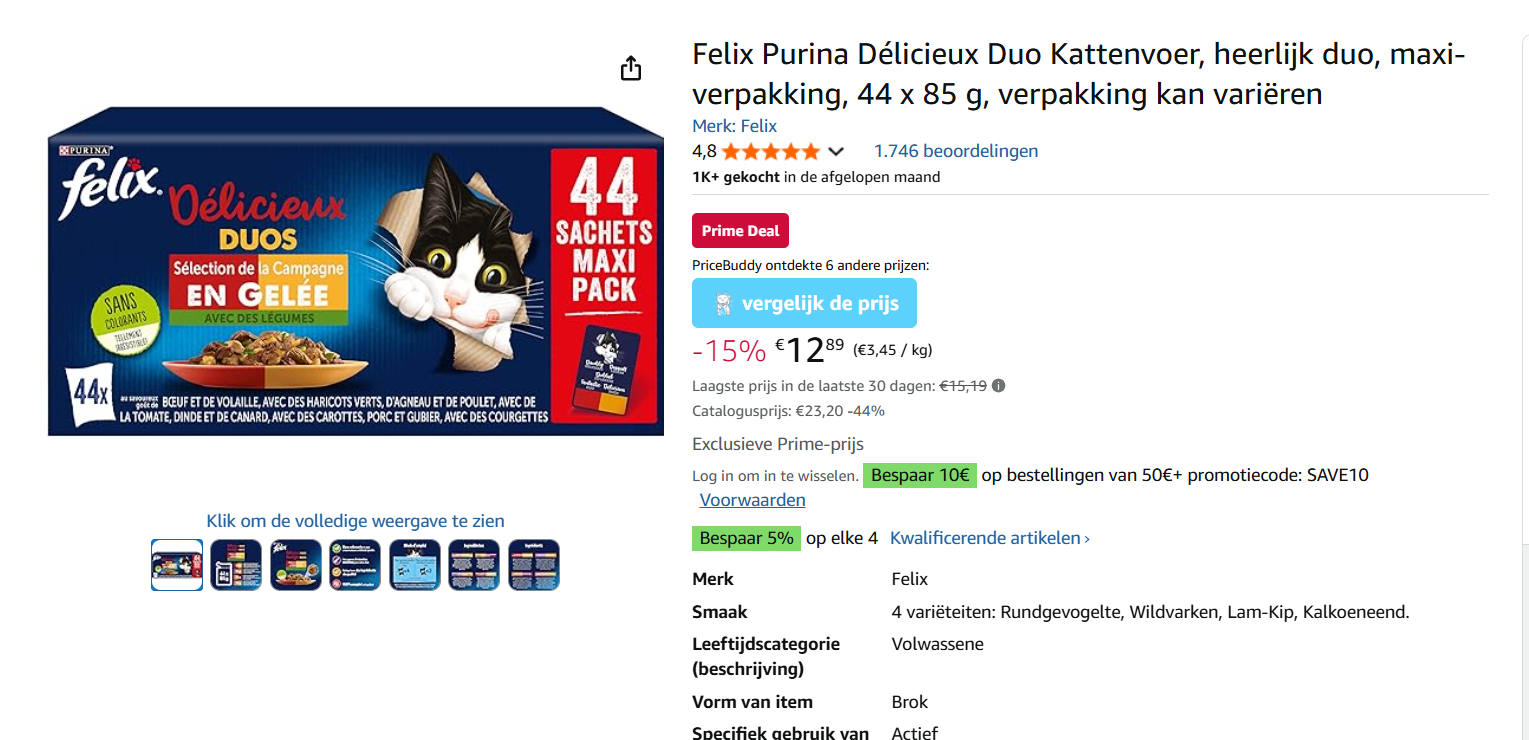 Felix Natvoer 44 zakjes voor 12.89€ met Prime deals