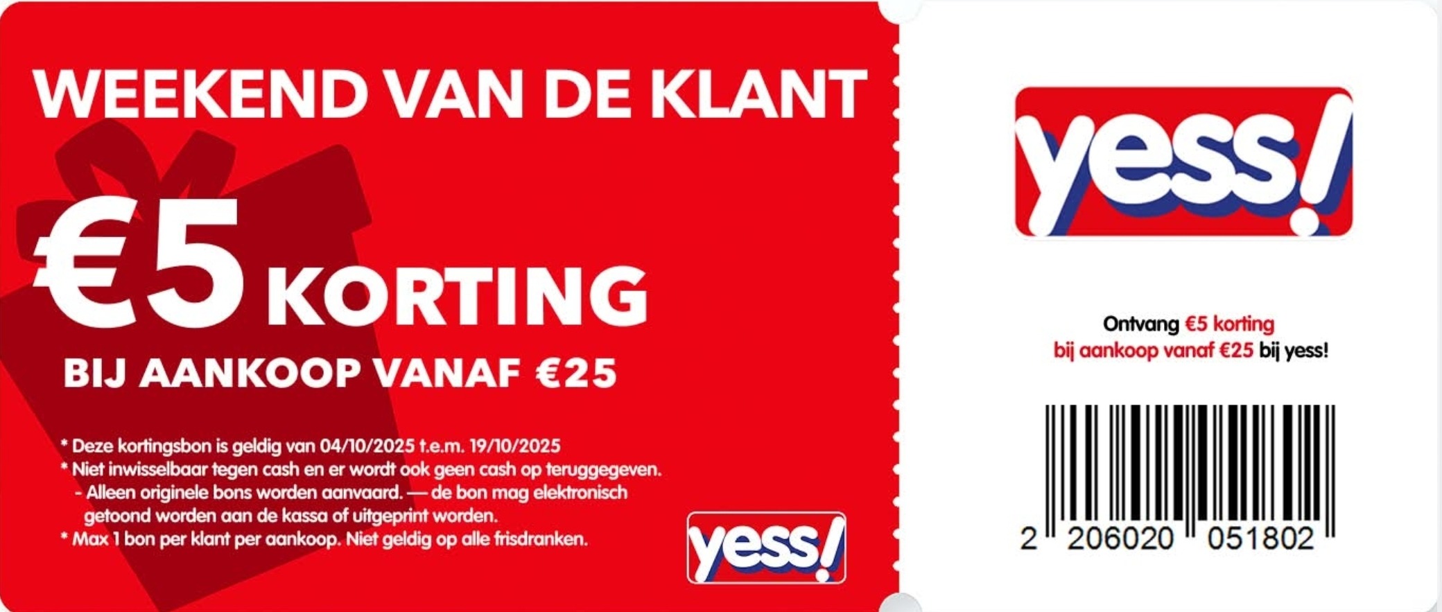 €5 korting bij een aankoop vanaf €25 bij Yess!
