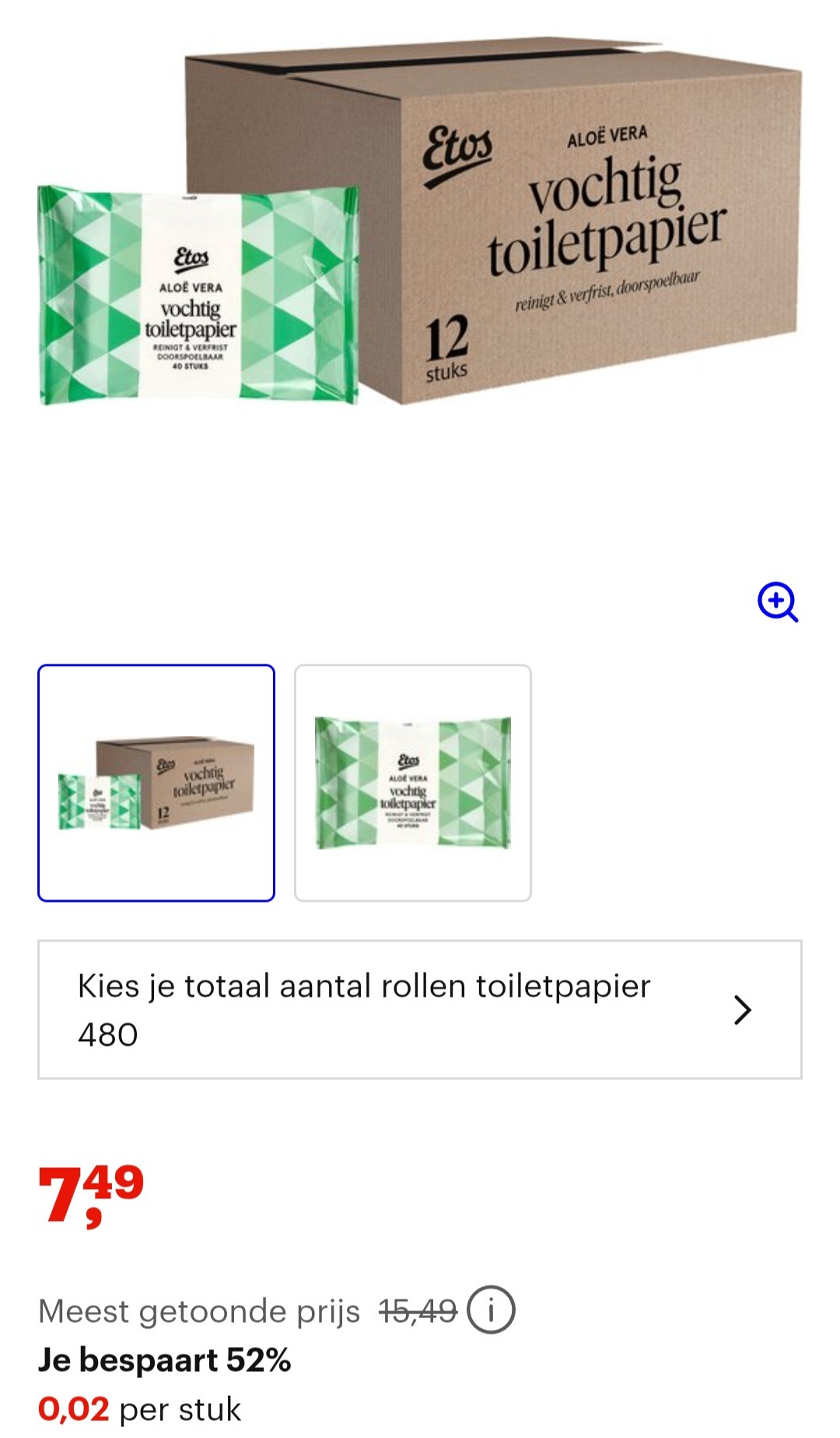 Etos Vochtig toiletpapier Aloë Vera 480 stuks (12 x 40) megabox -52%