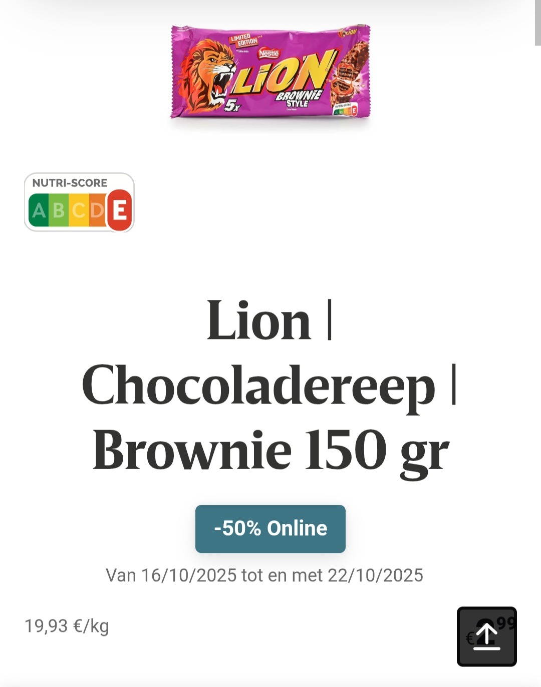 Lion chocoladereep brownie 150 gr -50%
