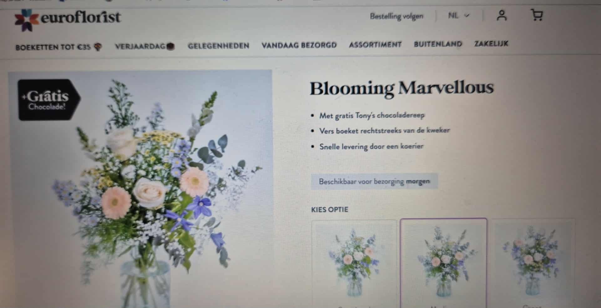 Gratis Tony's chocoladereep bij aankoop van bepaalde bloemen bij Euroflorist