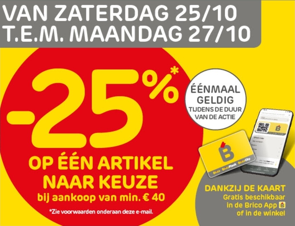 -25% op één artikel naar keuze bij aankoop vanaf €40 bij Brico