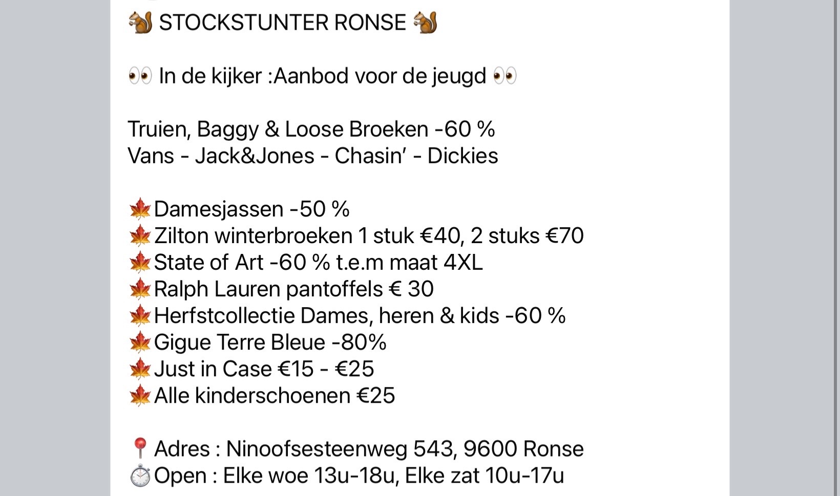 Stockstunter Roeselare/Ronse/Kuurne/Westerlo/Oostende Kledij tot -60%