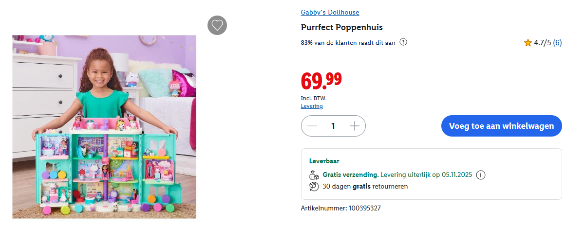 Gabby's Dollhouse met €20 korting bij Lidl webshop