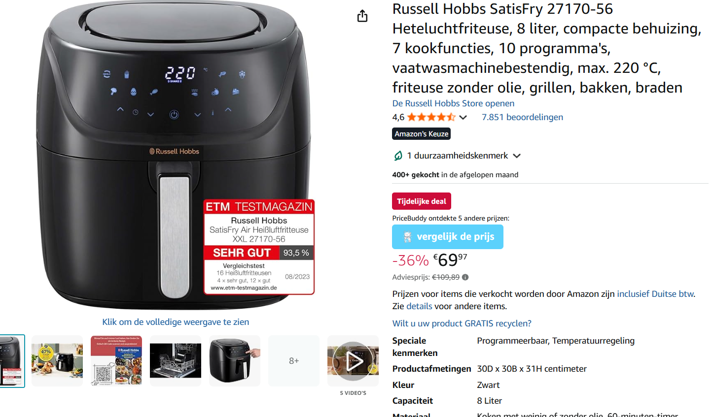 Airfryer van Russell Hobbs 69.97€ ipv 109€ elders