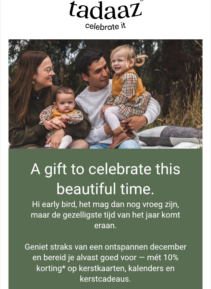 -10% Tadaaz kerstkaarten, kalenders en cadeaus
