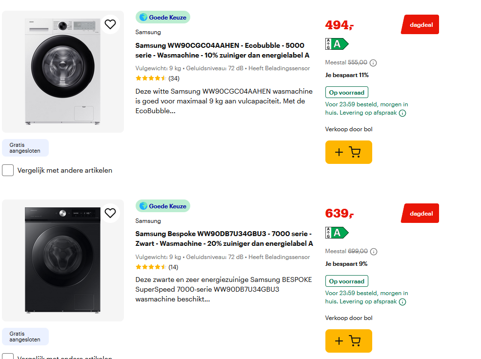 Tot 75€ korting op wasmachines en drogers + gratis aansluiten!