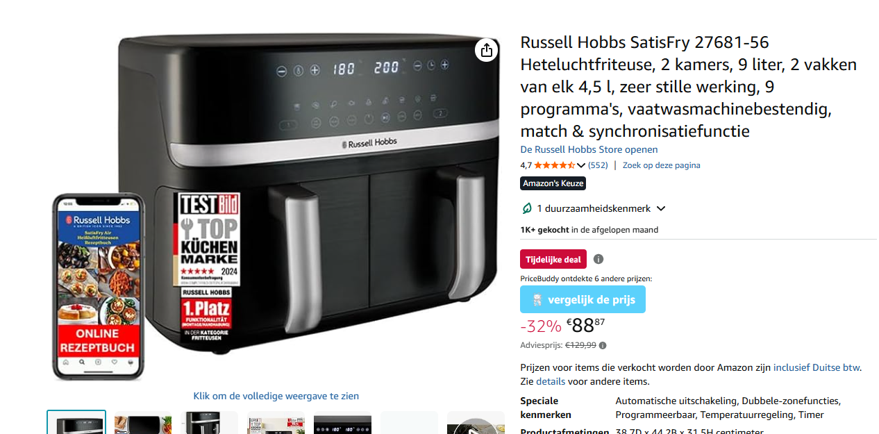 Russell Hobbs Aifryer voor €88.87 ipv €129.99 op Amazon DE