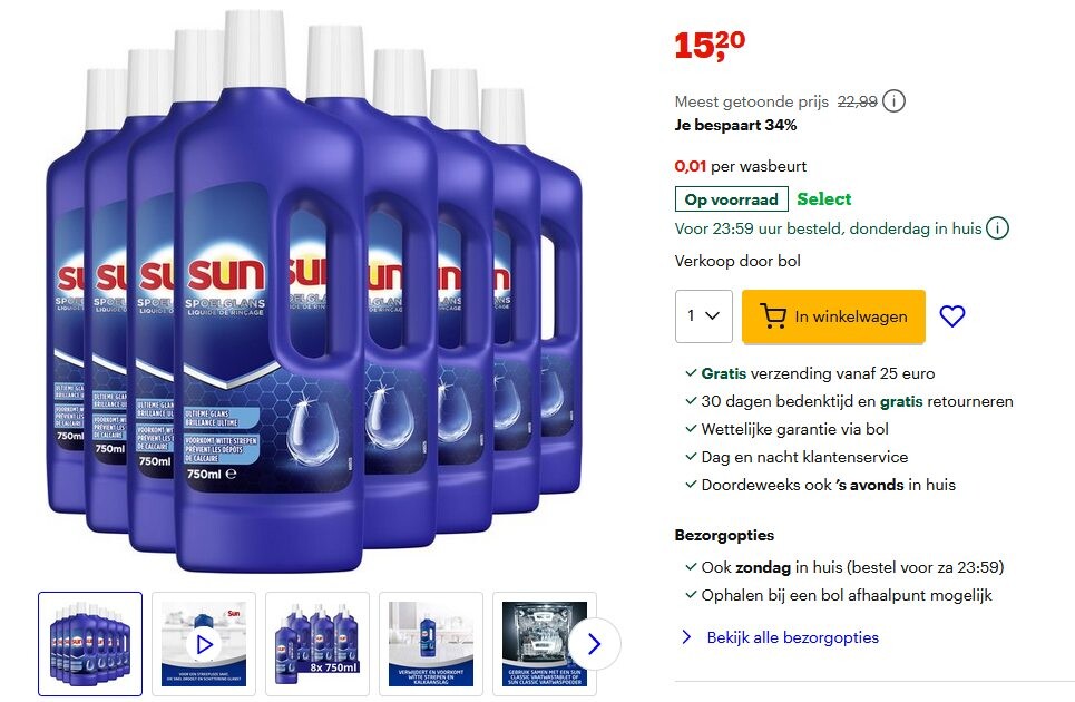 8 × 750ml sun spoelglans voor slechts 15,20€