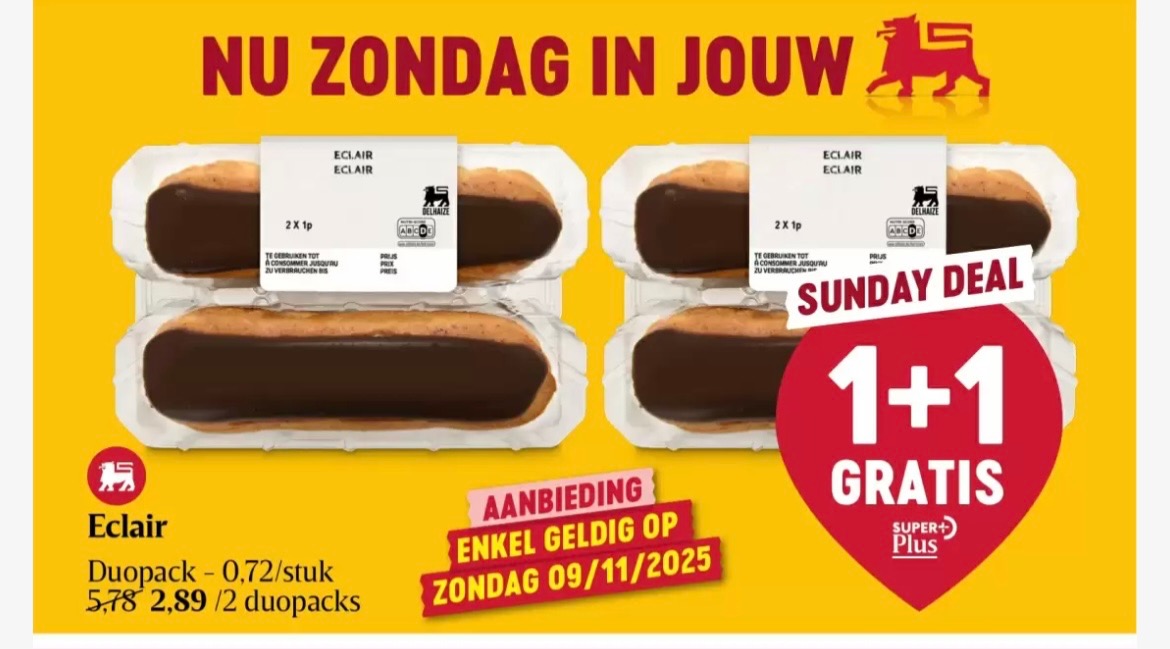 Zondag 9/11 eclairs duopack 1+1 gratis bij Delhaize