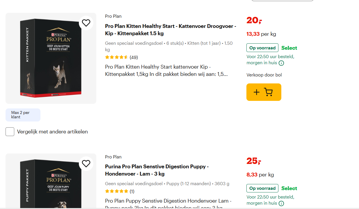 5€ kitten (1.25kg ) en puppy ( 3kg!! ) voer van Pro plan? Via deze link!