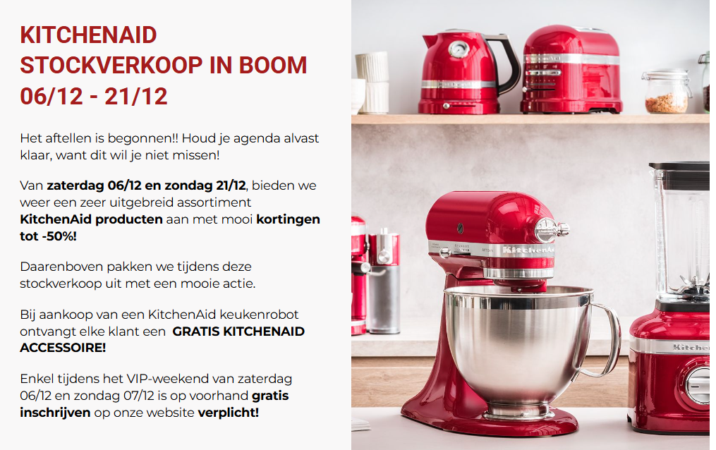 KitchenAid stockverkoop met tot 50% voordeel + gratis accessoire bij keukenrobot