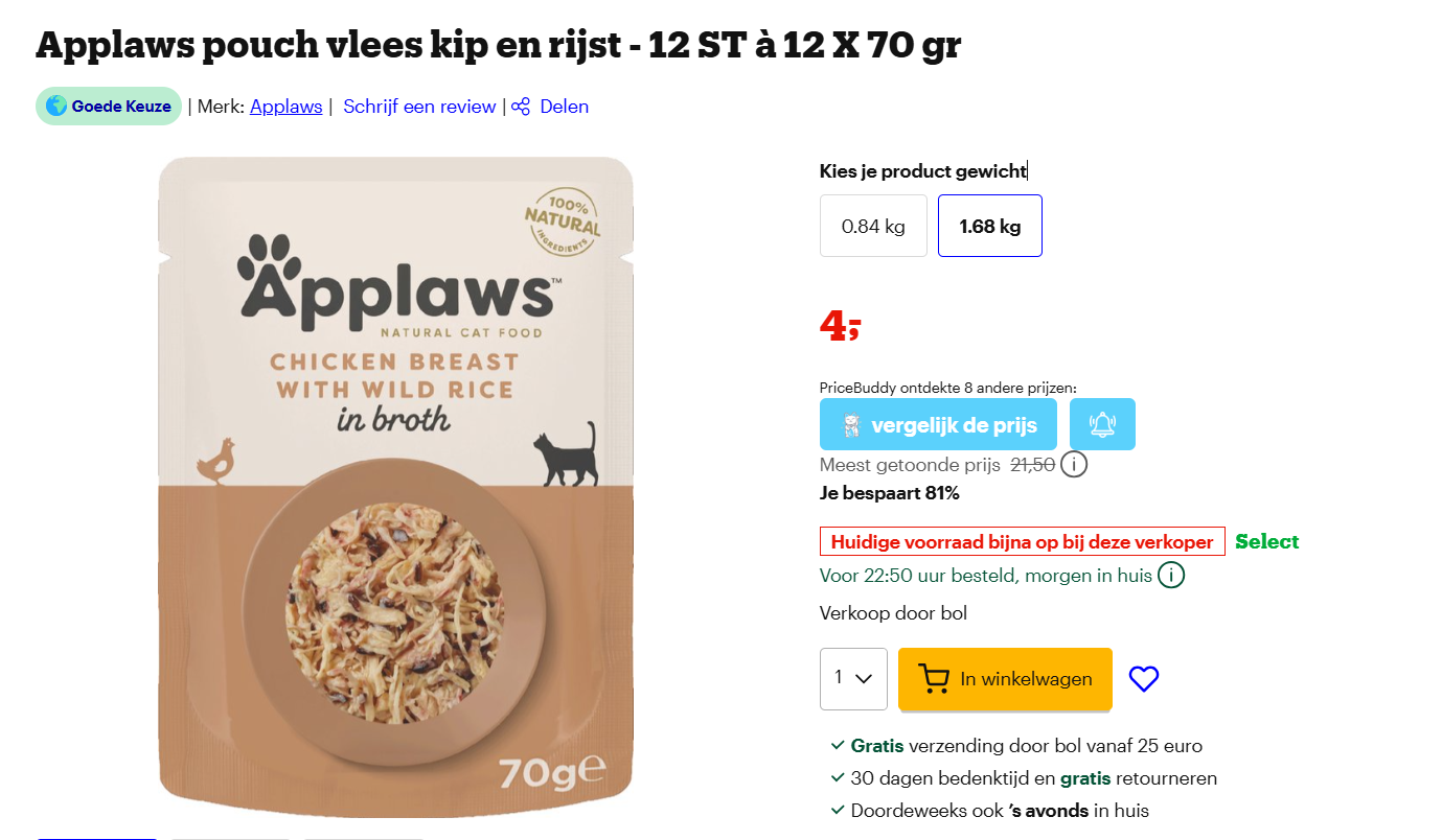 Super deal katten eten Applaws pouch vlees kip en rijst - 12 ST à 12 X 70 gr met 81% korting