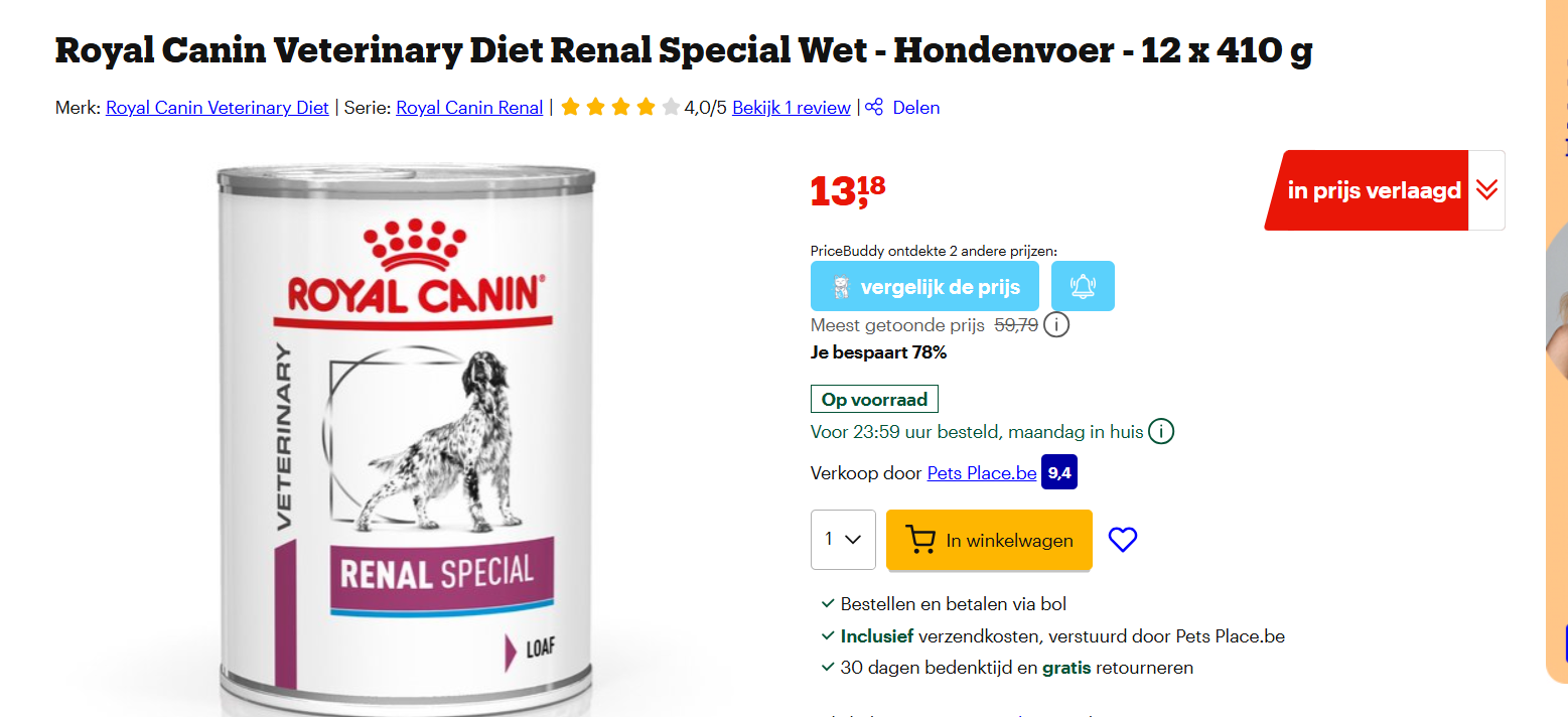 Prijsfout? Royal Canin Veterinary Diet Renal Special Wet - Hondenvoer - 12 x 410 g voor 13.18€ bij bol