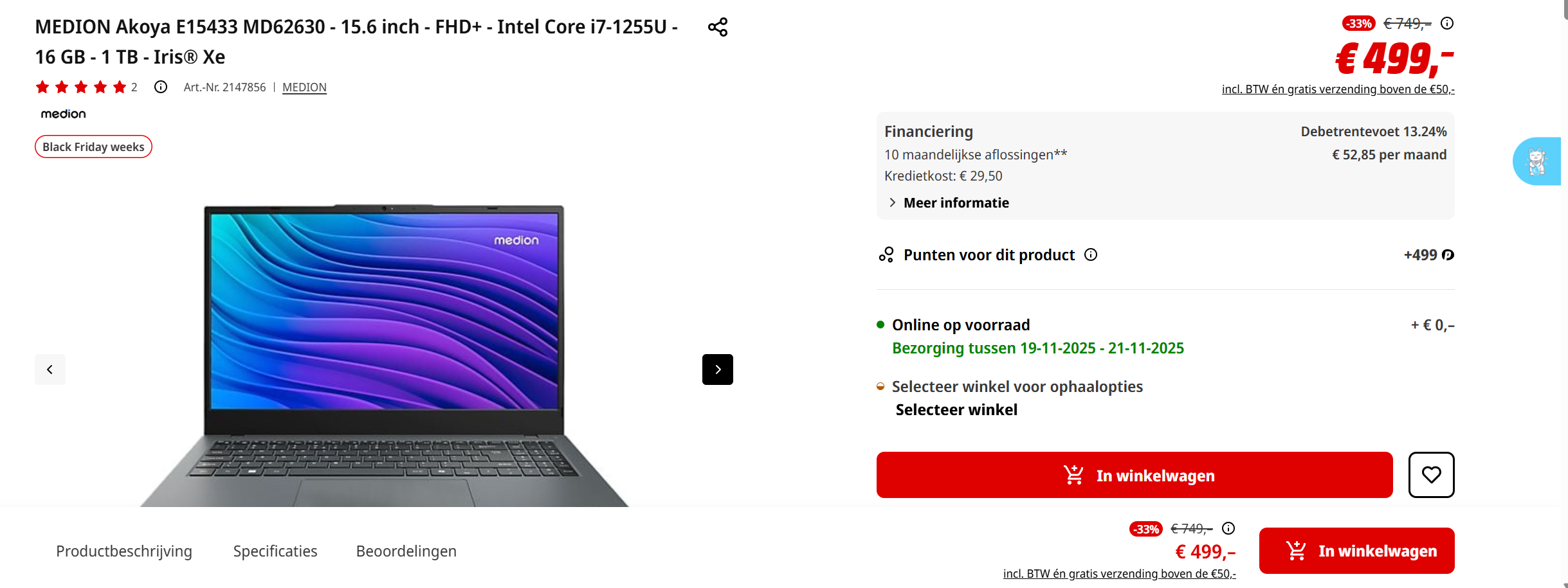 MEDION Akoya E15433 MD62630 - 15.6 inch - FHD+ - Intel Core i7-1255U - 16 GB - 1 TB - Iris® Xe