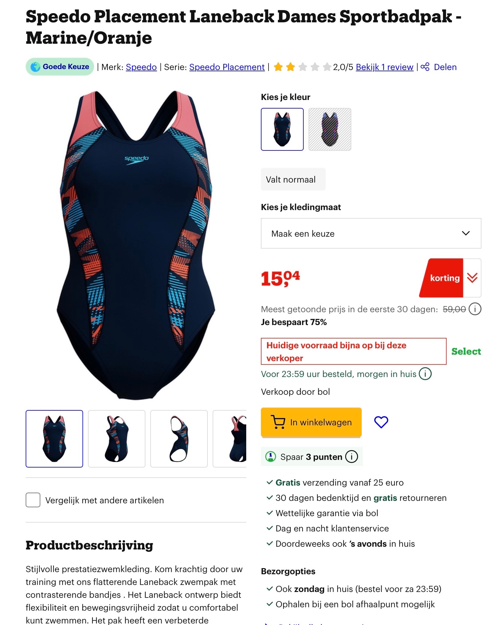 Speedo Placement Laneback Dames Sportbadpak - Marine/Oranje -75%