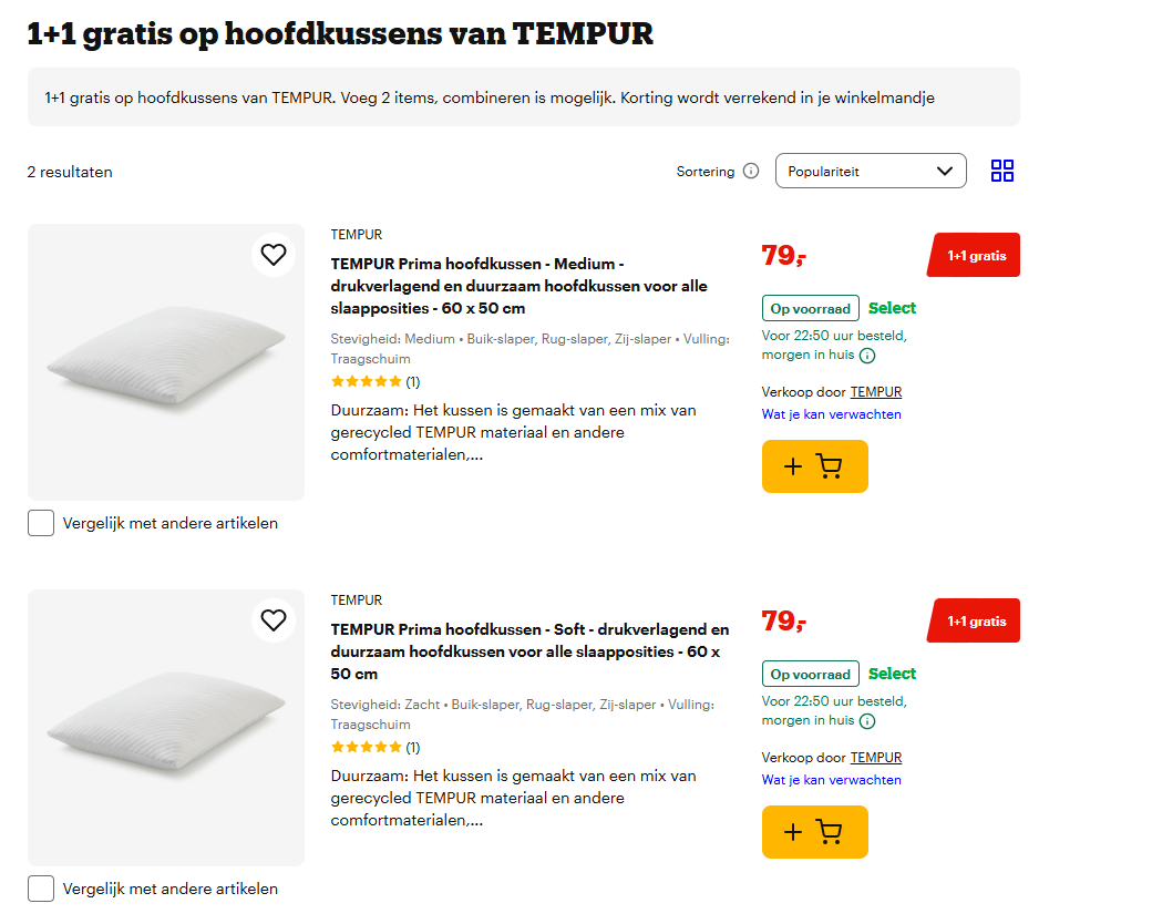 1+1 gratis op hoofdkussens van TEMPUR bij Bol