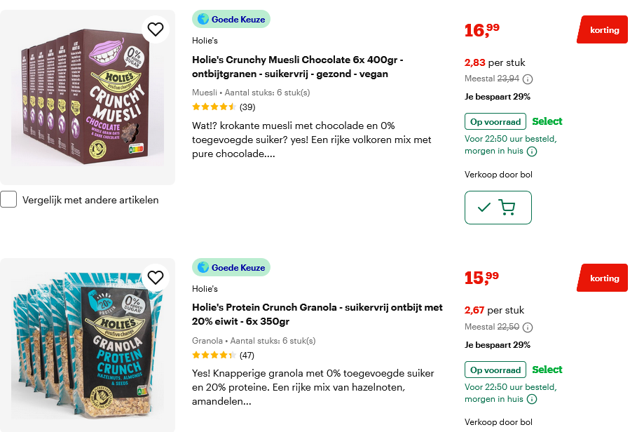 Hollie's granen en repen vanaf 1,78 euro per stuk!