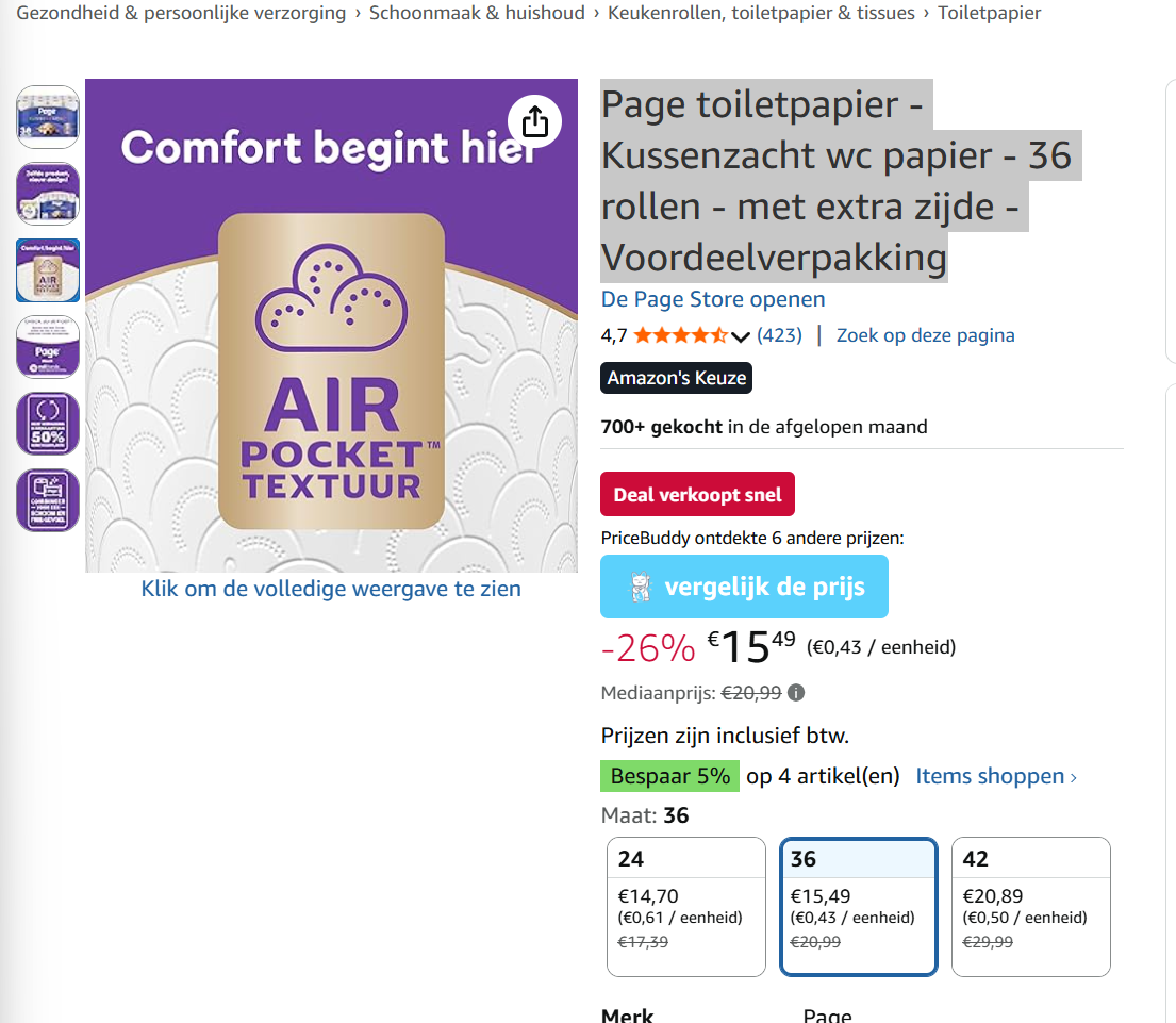 Page toiletpapier - Kussenzacht wc papier - 36 rollen - met extra zijde - Voordeelverpakking