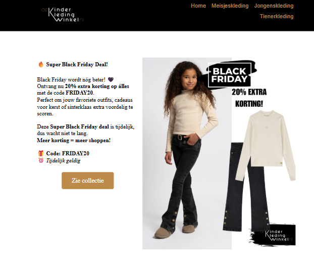 Dekinderkledingwinkel.nl: 20% op alles