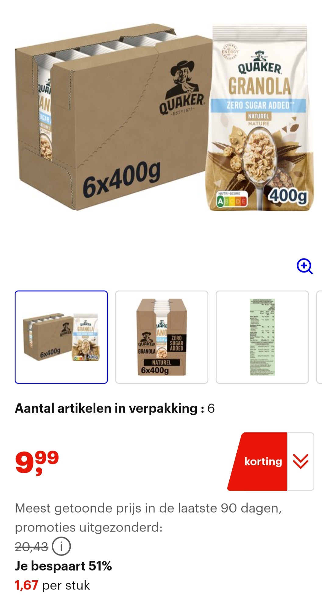 Quaker granola zero sugar 6x400g -51%