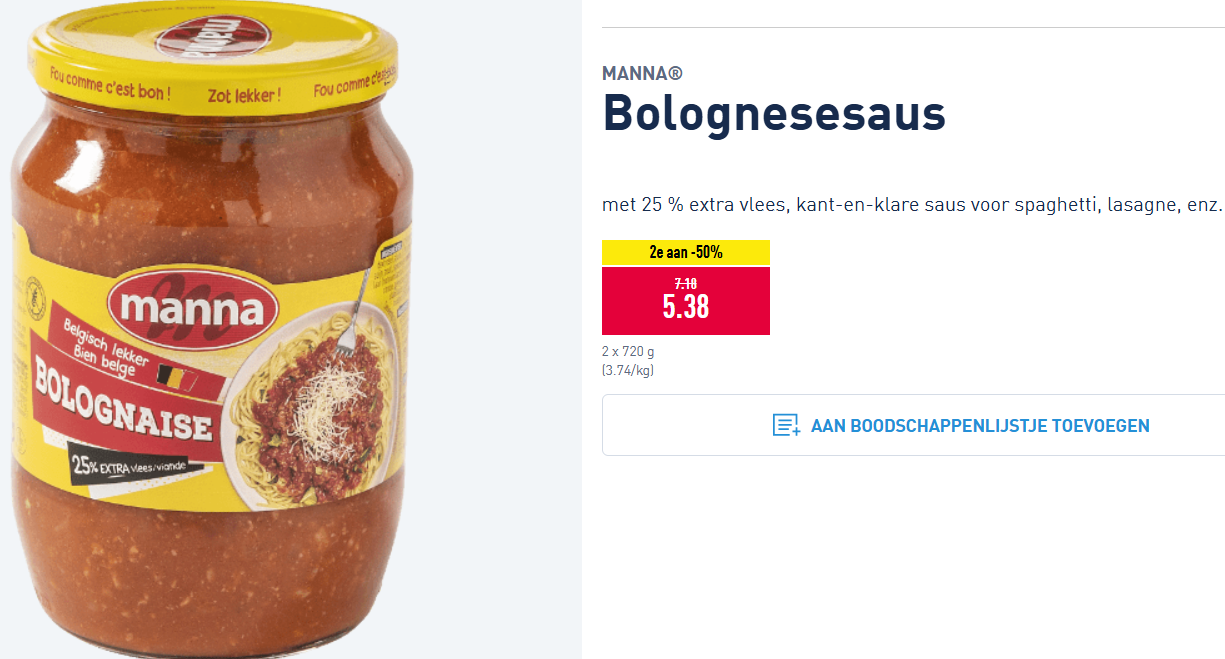 MANNA Bolognesesaus 2e aan -50% bij Aldi