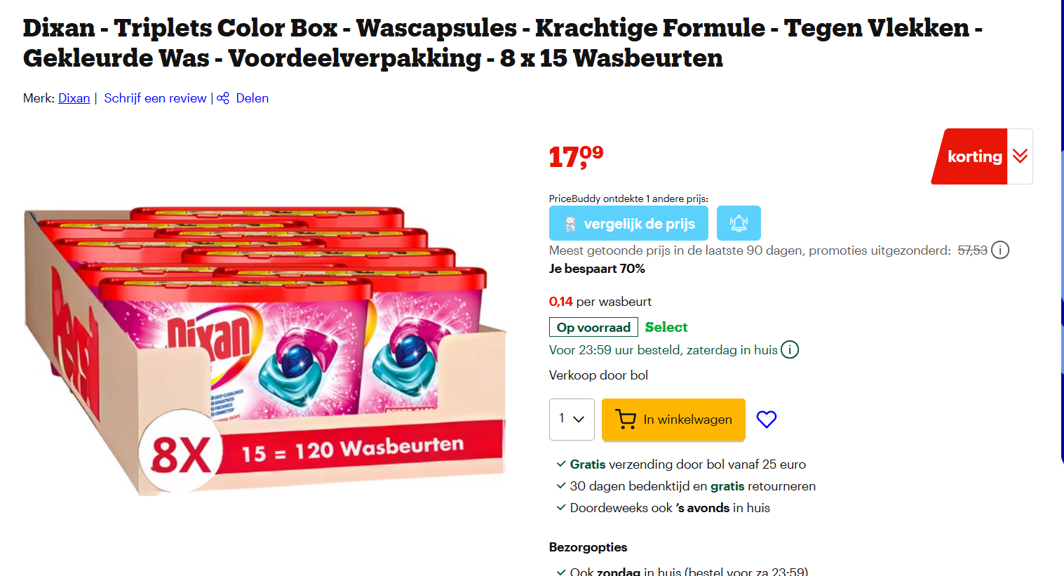 Dixan waspods color nu voor 0.14€ per dosis bij bol