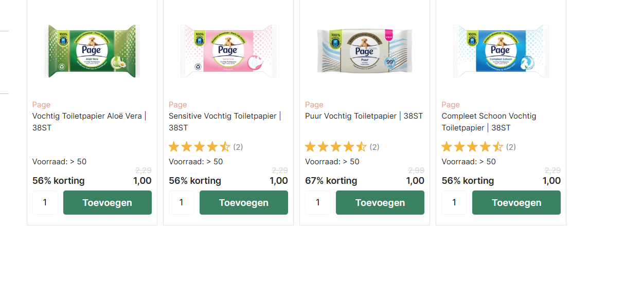 1€ per stuk voor alle Page Vochtig Toiletpapier 38ST