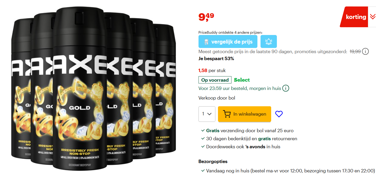 Axe gold 1.58€ per stuk bij aankoop van 6 Elders 5.35€ voor 1