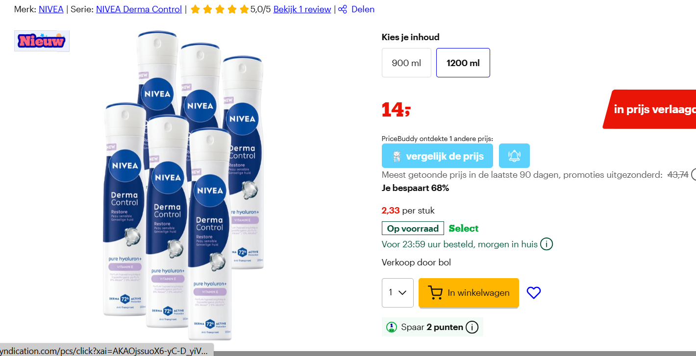 2.33€ per stuk bij aankoop van 6 NIVEA Derma Control Restore Deodorant Spray