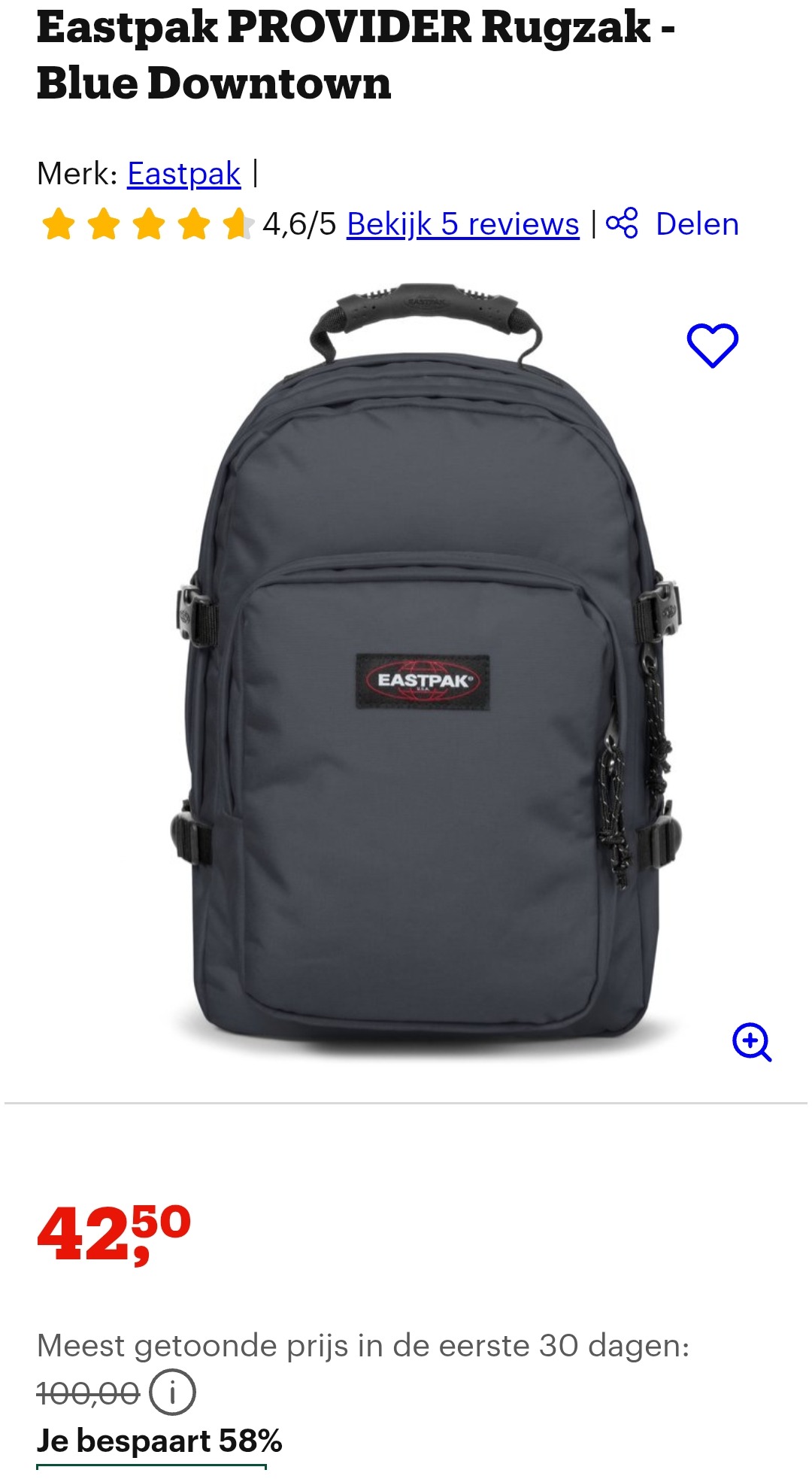 Eastpak provider rugzak 58% korting bij bol