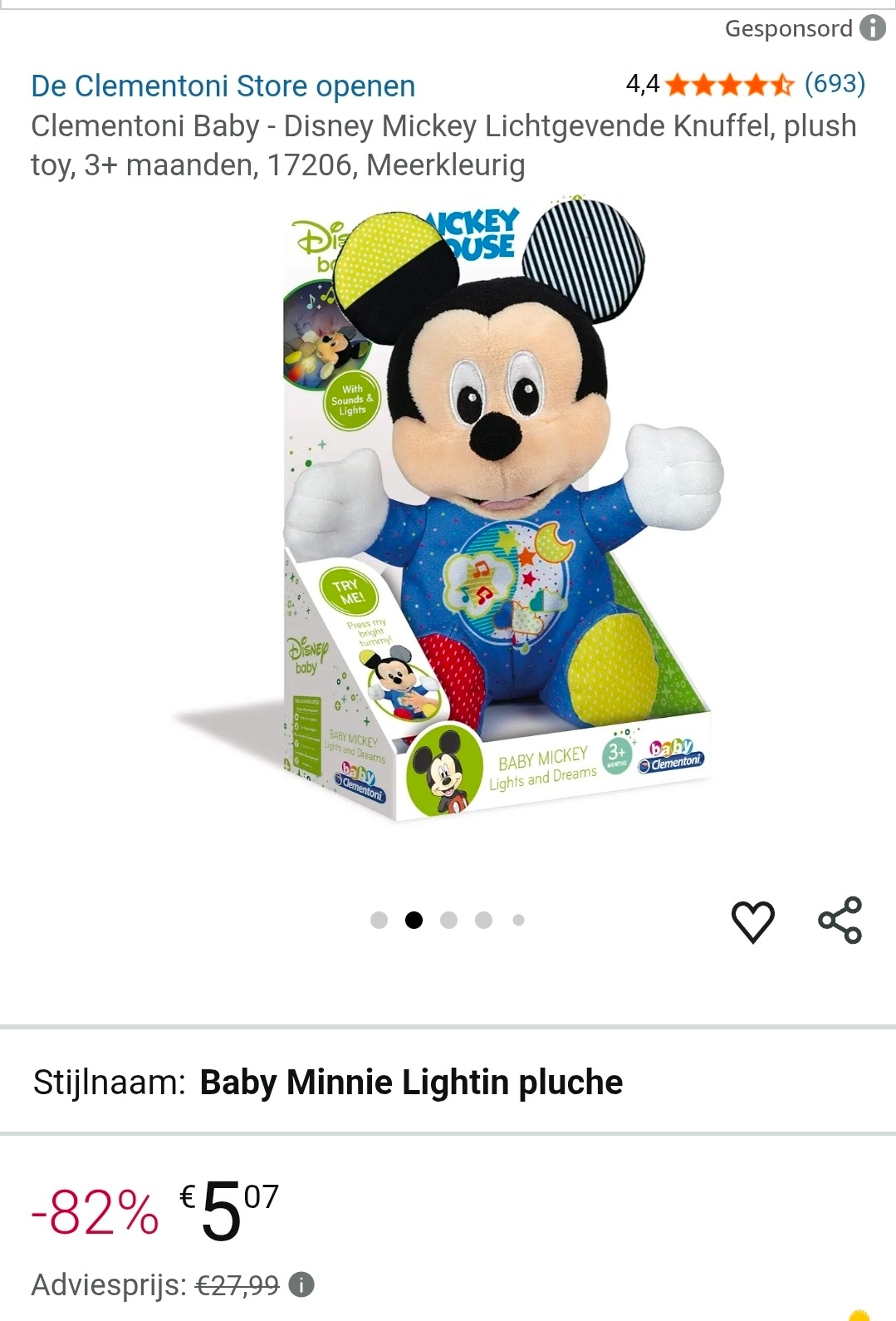 Clementoni Baby - Disney Mickey Lichtgevende Knuffel