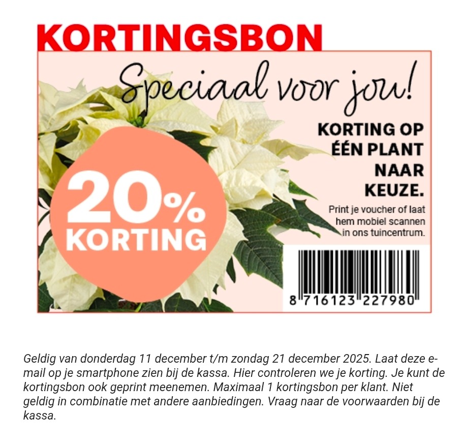 20% korting op één plant naar keuze bij Tuincentrum Meijers