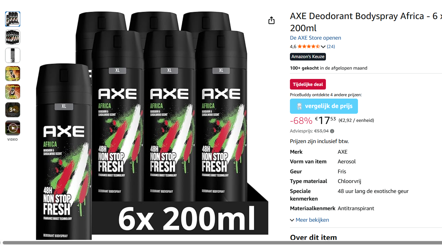 Hoge korting op AXE Deodorant Bodyspray Africa - 6 x 200ml
