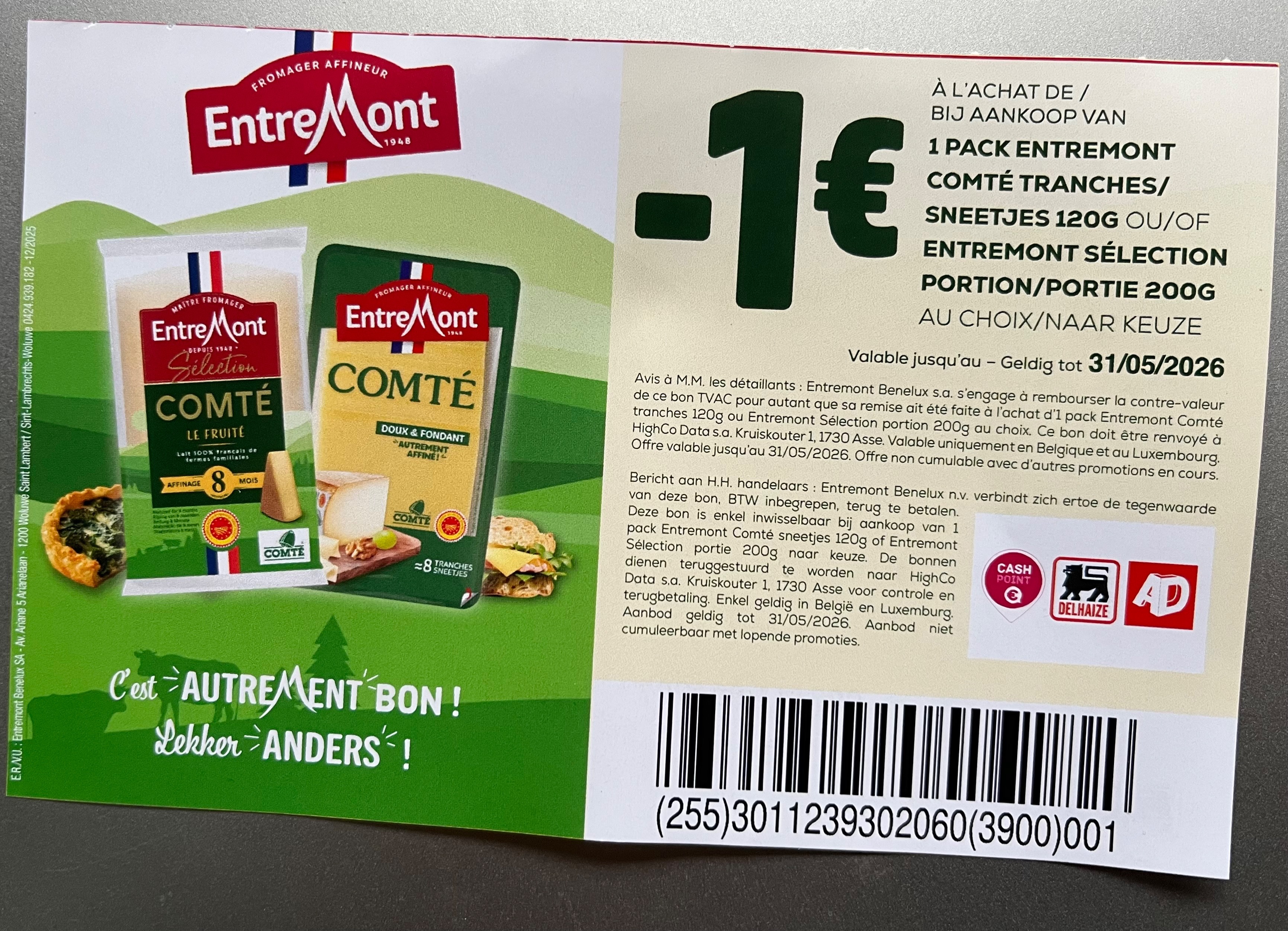 Coupon op entremont comte kaas -1,00€ aan rek bij Delhaize