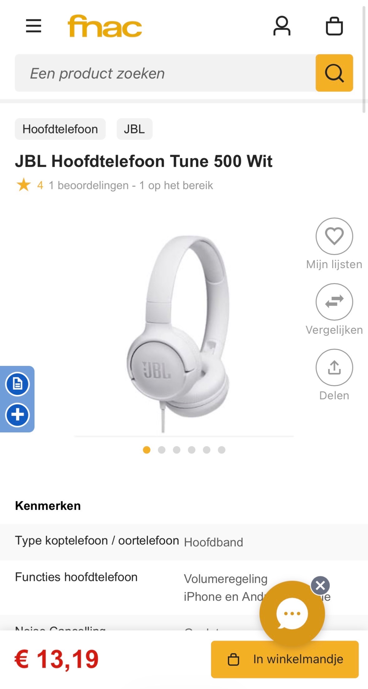 JBL Hoofdtelefoon Tune 500 Wit
