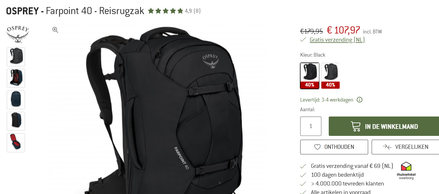 Geliefde reisrugzak met korting Osprey - Farpoint 40 - Reisrugzak